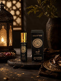 Huile de parfum concentrée Asad 10 ml sans alcool Sultan El Waha, flacon roll-on noir et or avec son étui, lanterne orientale allumée