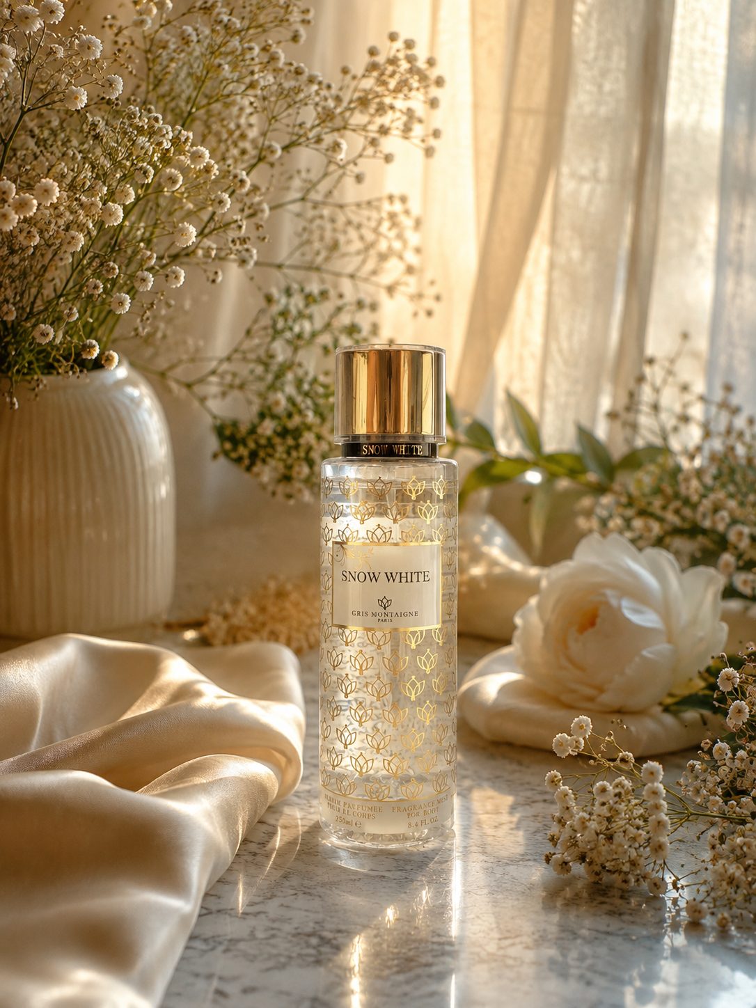 Flacon de brume parfumée Snow White 250 ml Gris Montaigne Paris au musc blanc, posé sur soie crème avec une rose blanche